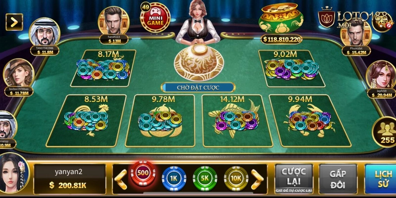 (Ảnh 1: Giao diện bàn chơi bầu cua 1s Loto188 với 3 xúc xắc 3D và bảng đặt cược)